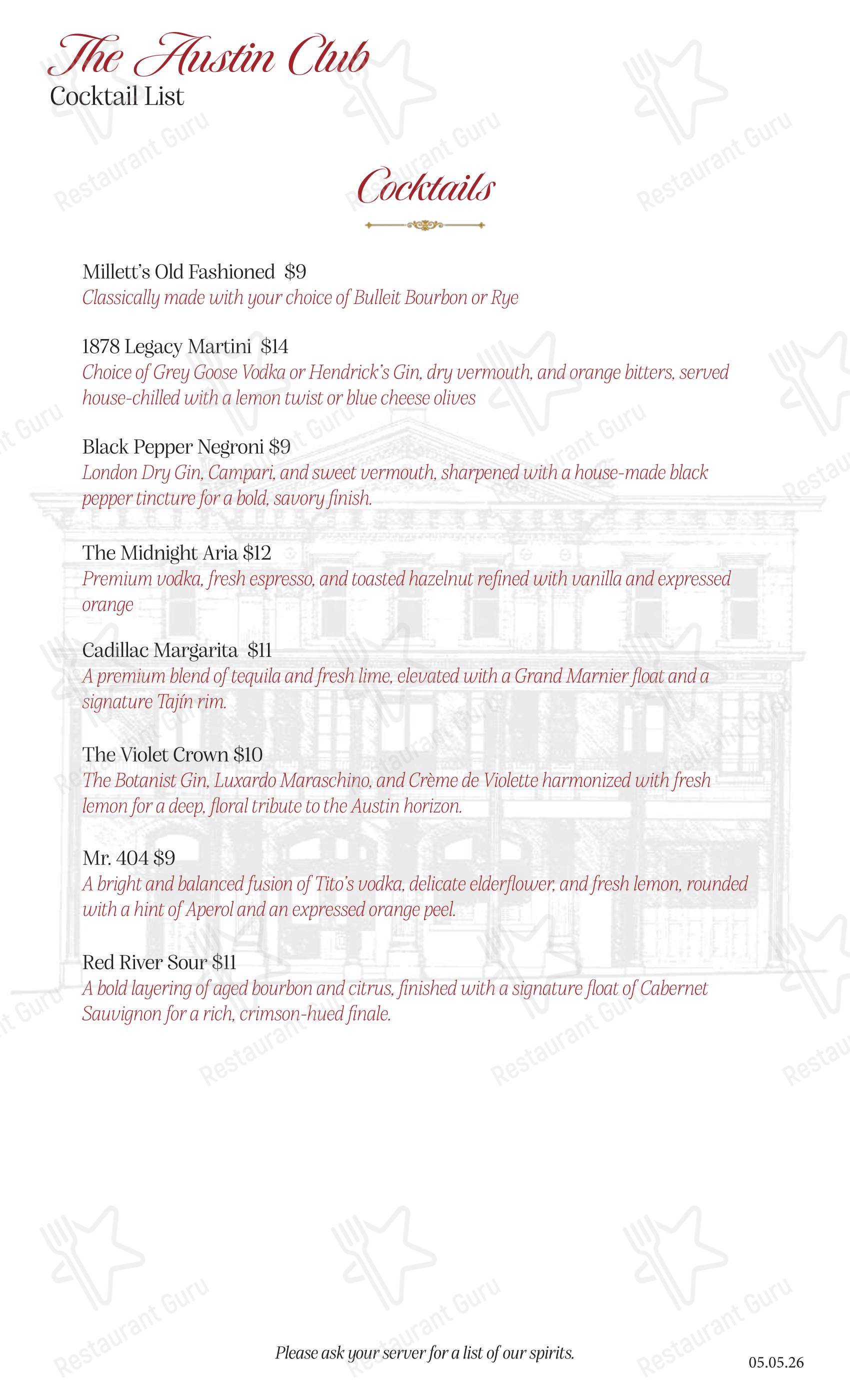 The Austin Club в Остине - Takeaway Menu