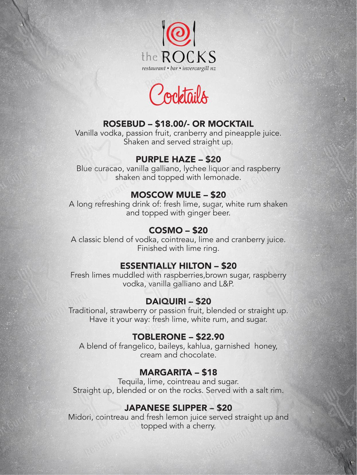 Коктейльная карта паба и бара The Rocks Cafe & Shop 5 в Инверкаргилле