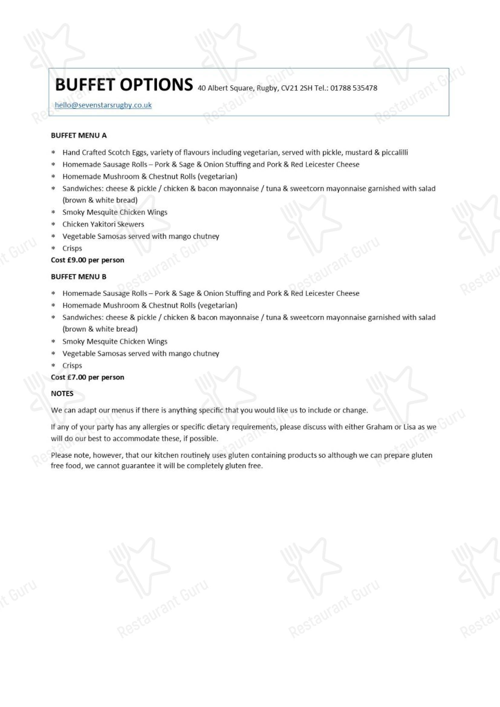 Меню паба и бара The Seven Stars - Ночное меню