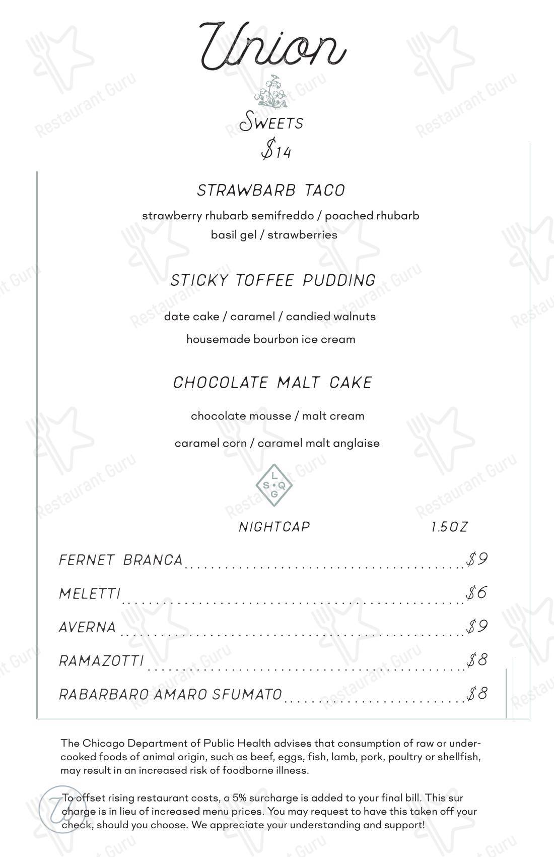 Меню паба и бара Union - Dinner Menu