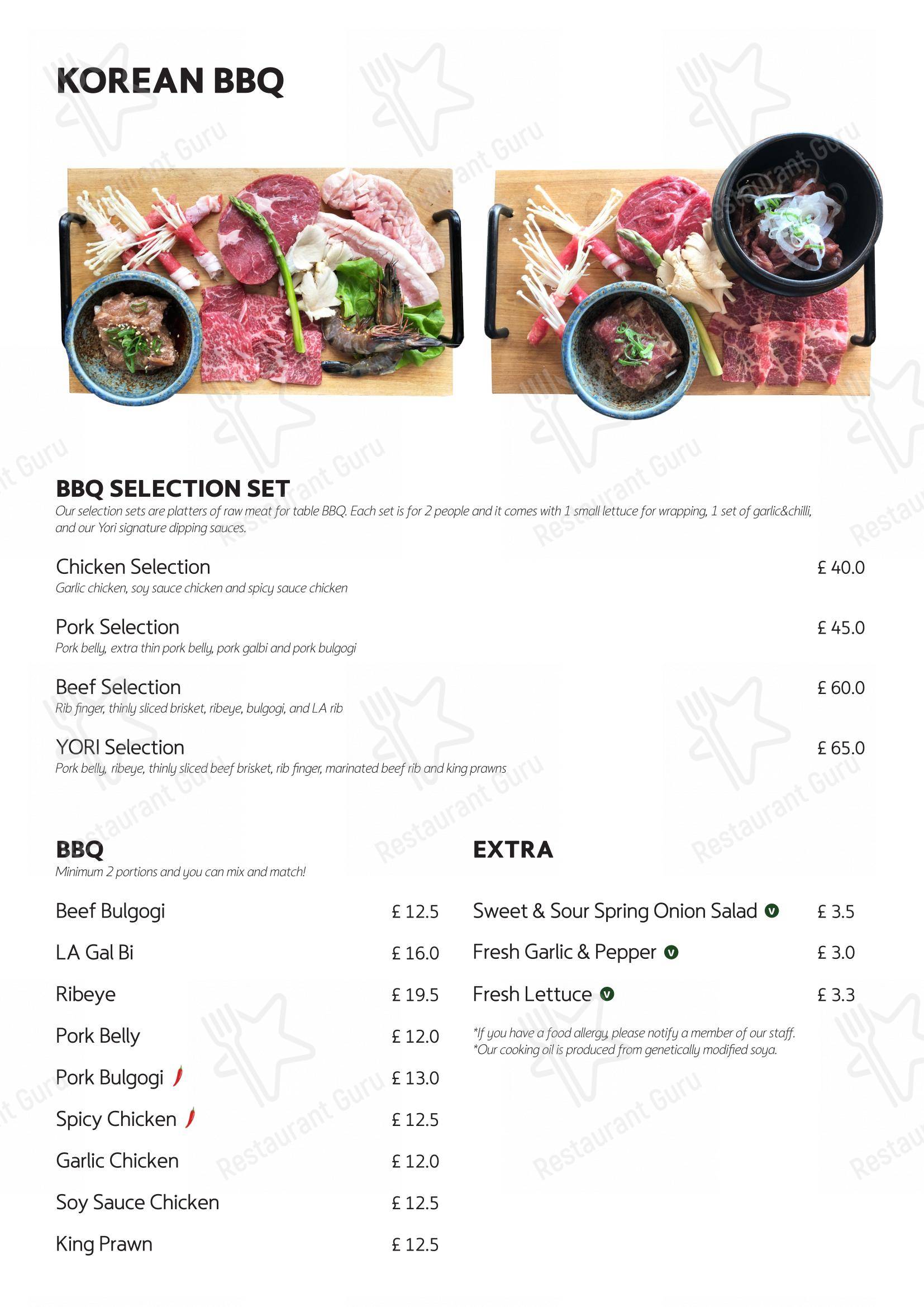 Меню ресторана YORI Piccadilly Circus Korean BBQ в Лондоне