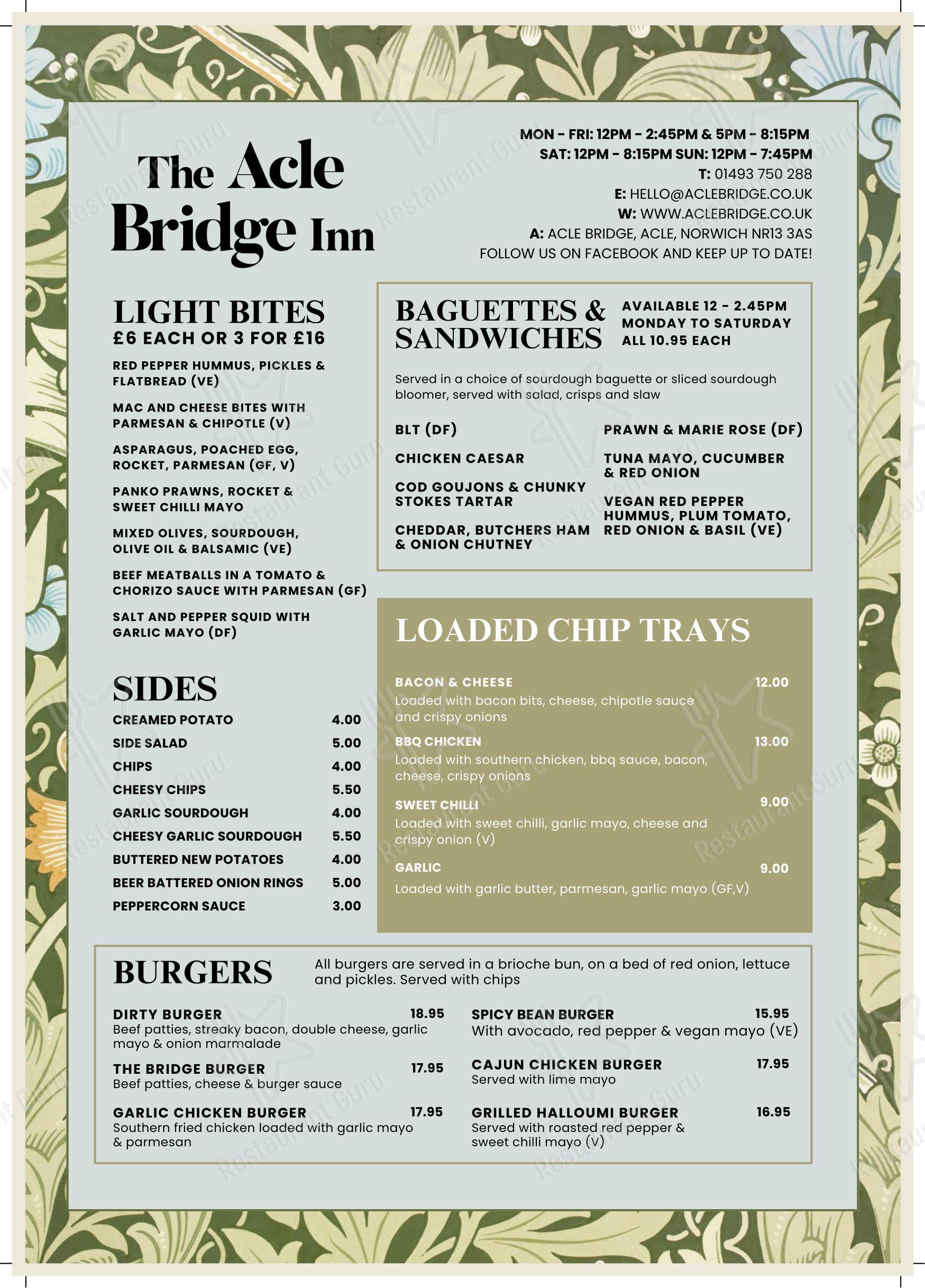 Меню паба и бара Acle Bridge Inn - Меню