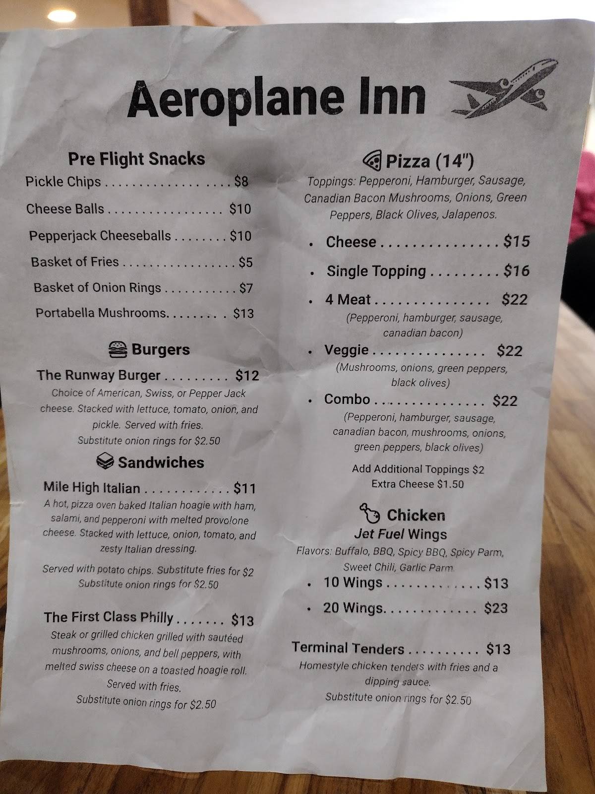 Aeroplane Inn меню