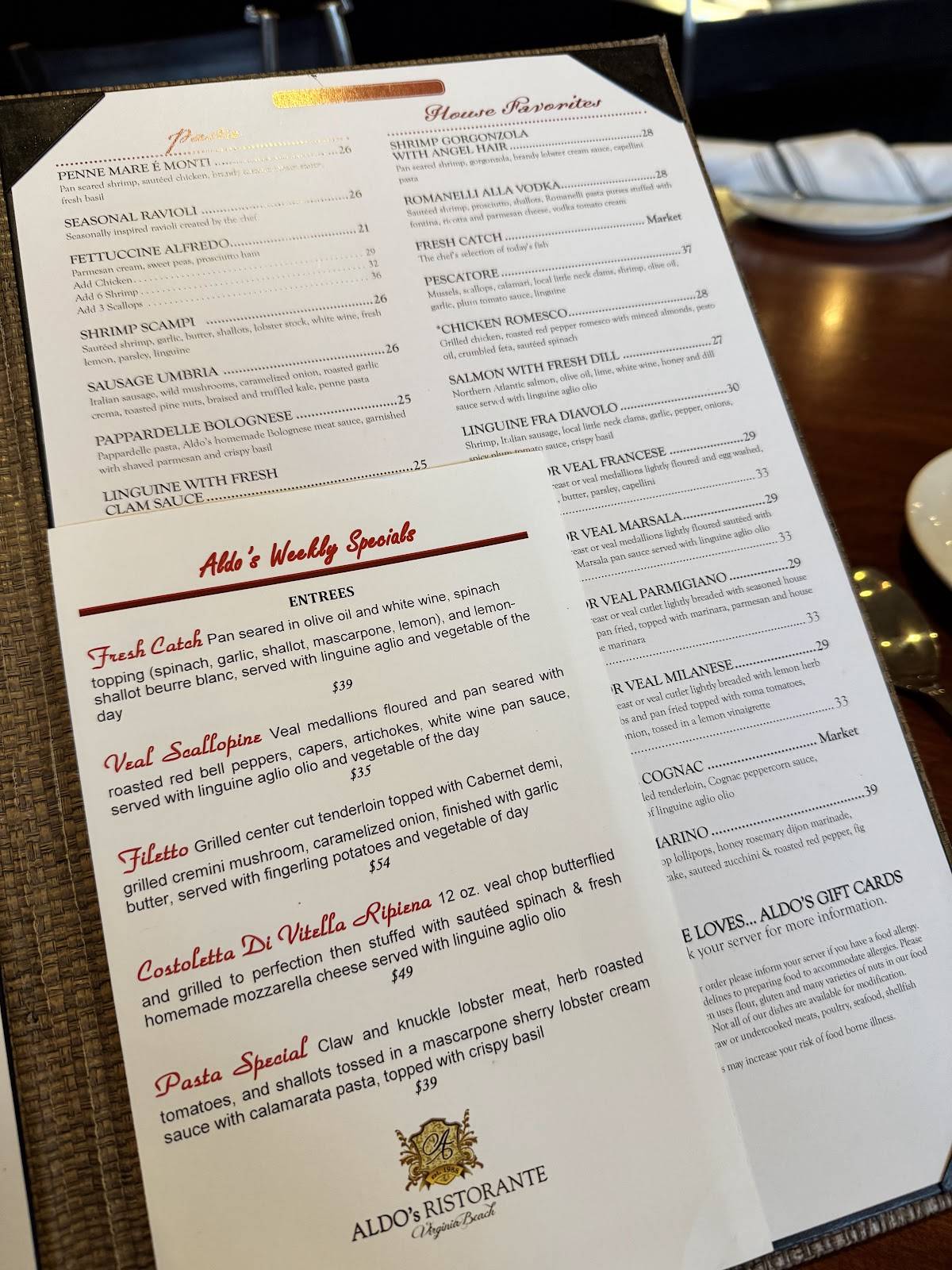 Aldo's Ristorante меню