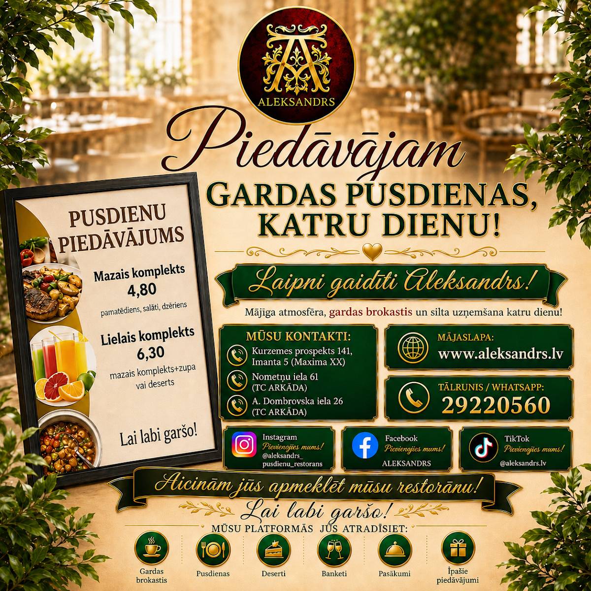 Aleksandrs, pusdienu restorāns меню