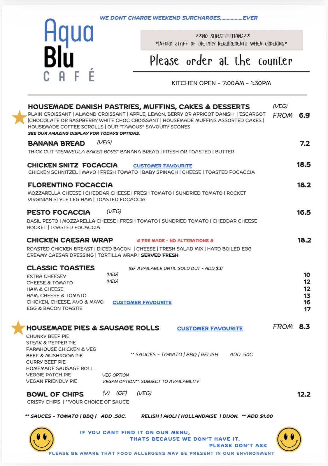 Aqua Blu Cafe меню