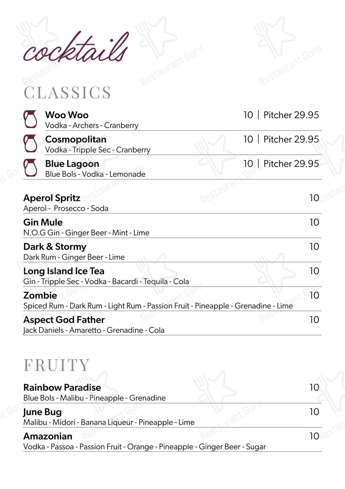 Aspect Bar & Bistro в Моркаме - Основное меню
