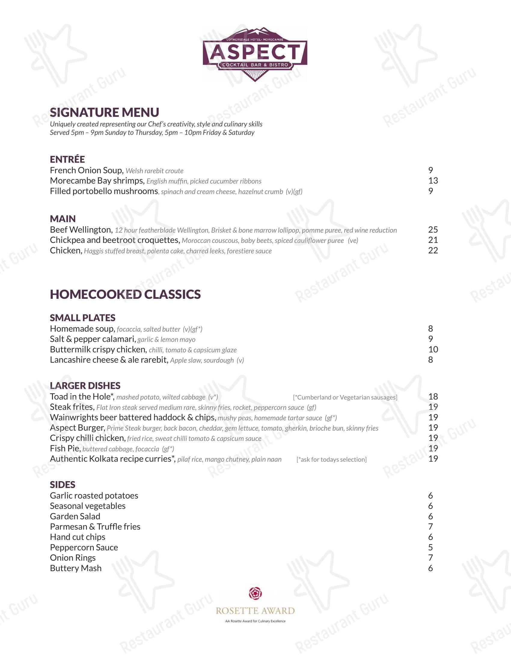 菜单 паба и бара Aspect Bar & Bistro