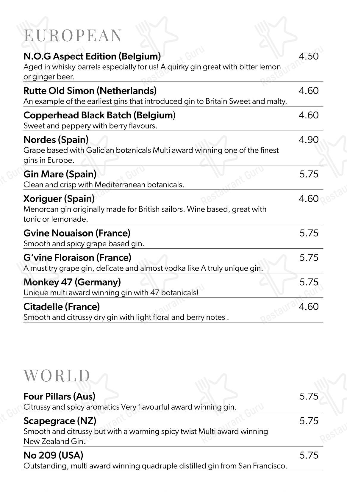 Основное меню паба и бара Aspect Bar & Bistro в Моркаме