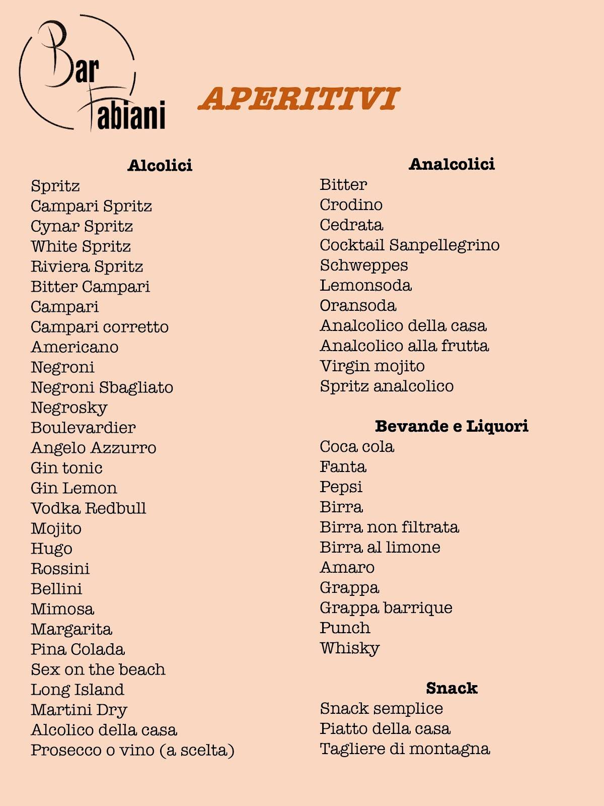 Bar Fabiani меню