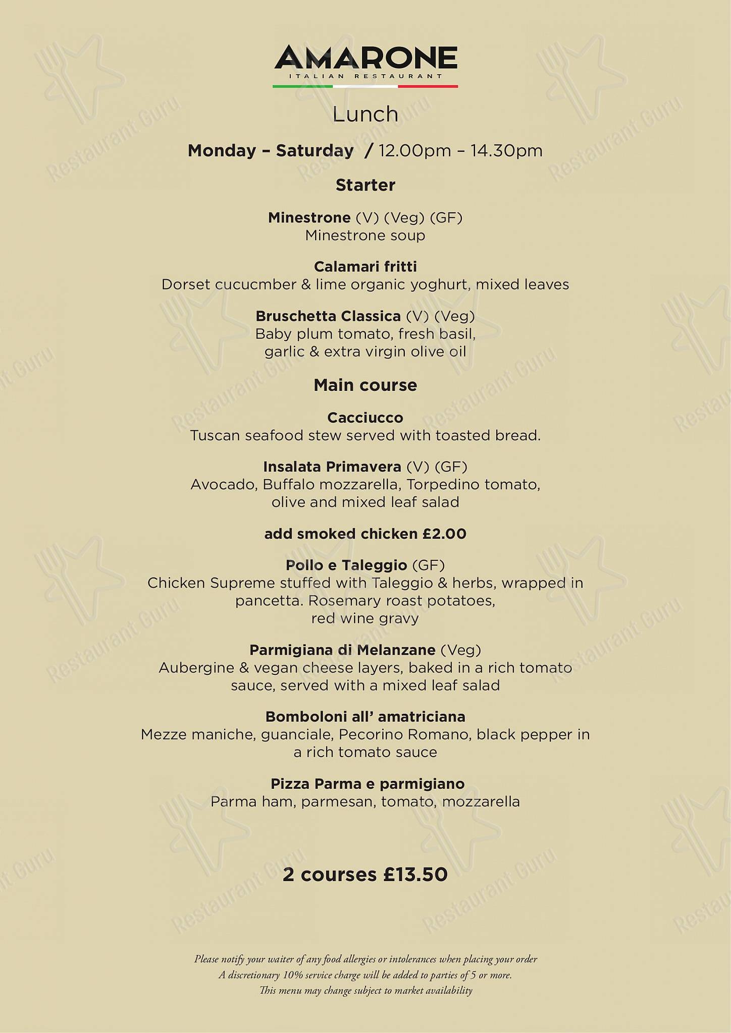 Amarone Kitchen в Бате - Group Booking Menu