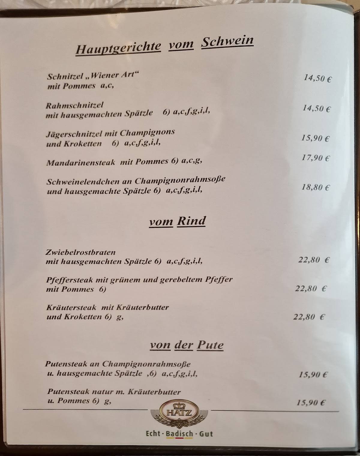 Bauer’s Gaststätte меню