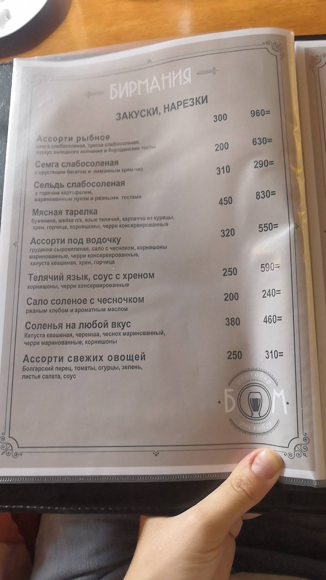 Бирмания меню