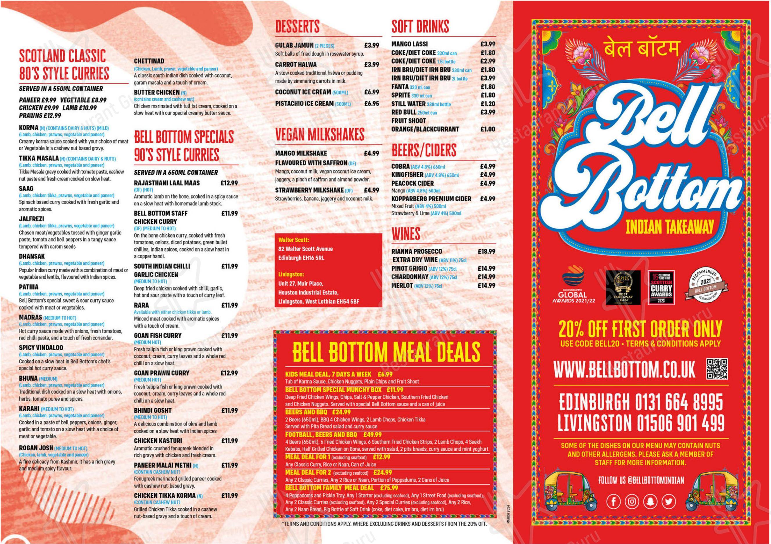 Меню паба и бара Bell Bottom Indian Takeaway