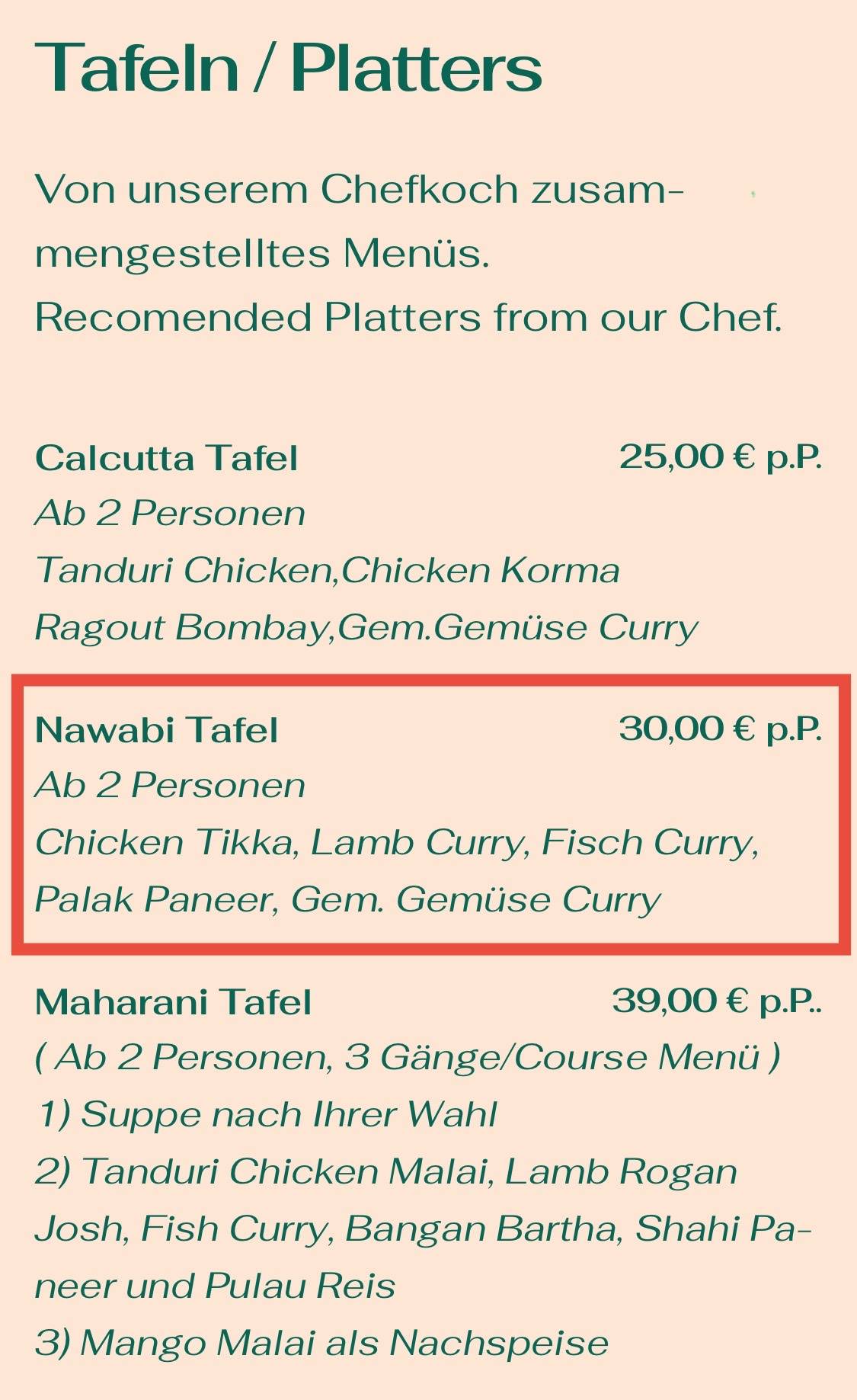 Calcutta Restaurant меню