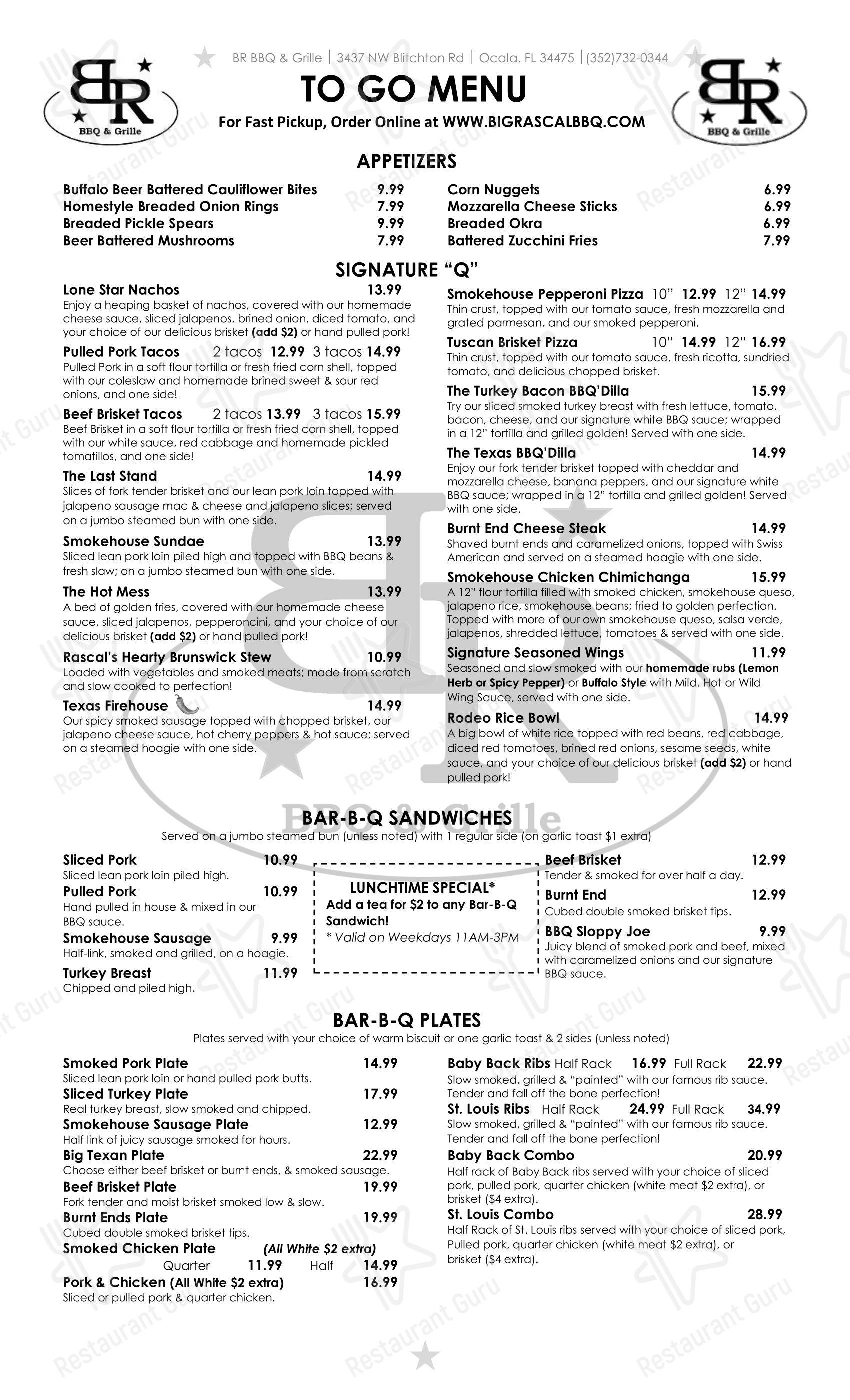 Big Rascal BBQ & Grille (BR BBQ) в Окале - Меню