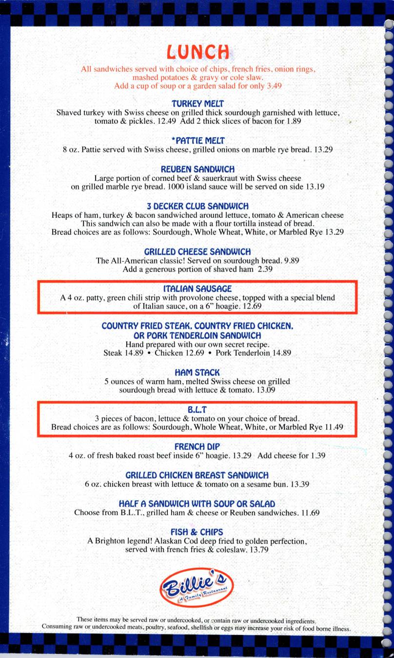 Billie's Cafe & Grill меню