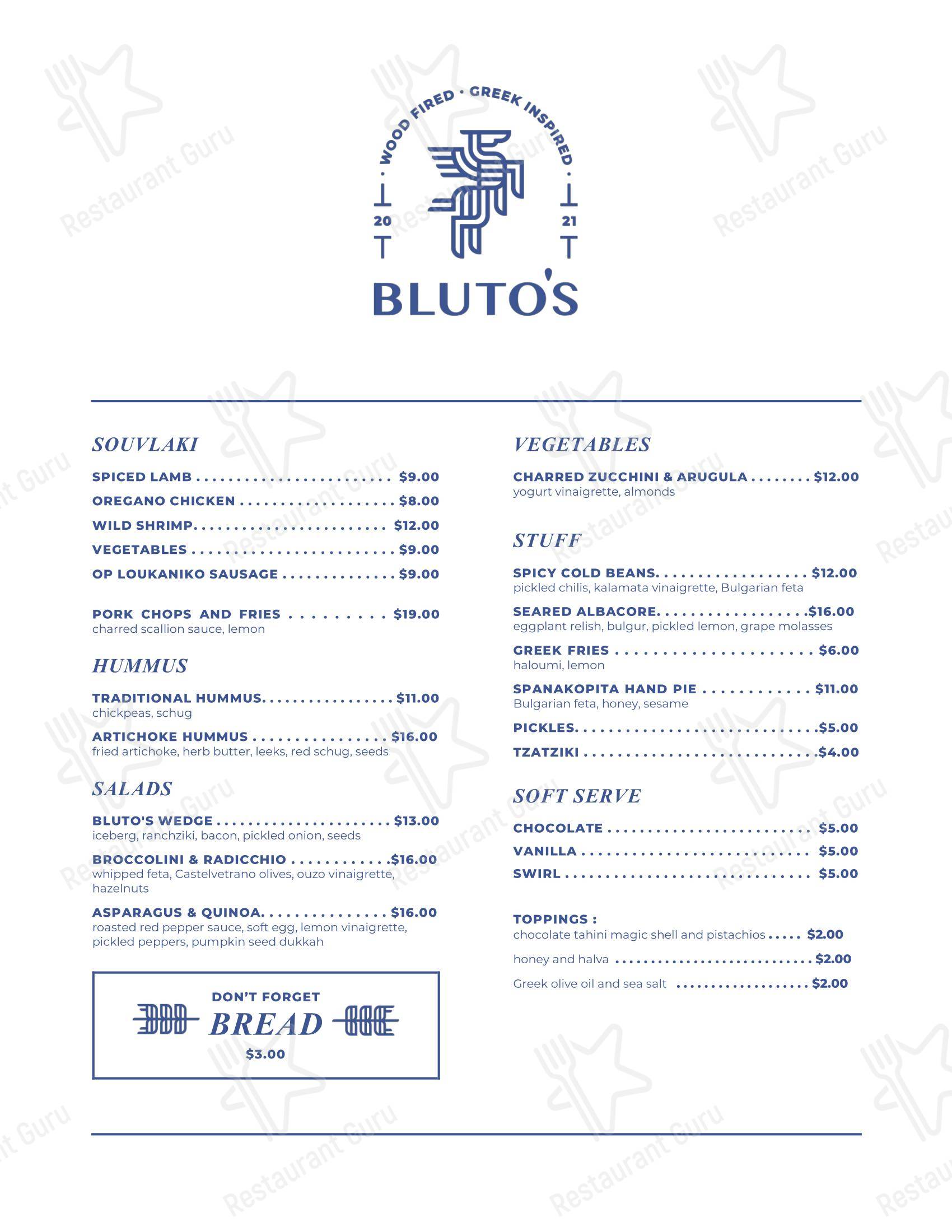 Меню ресторана Bluto's - Основное меню
