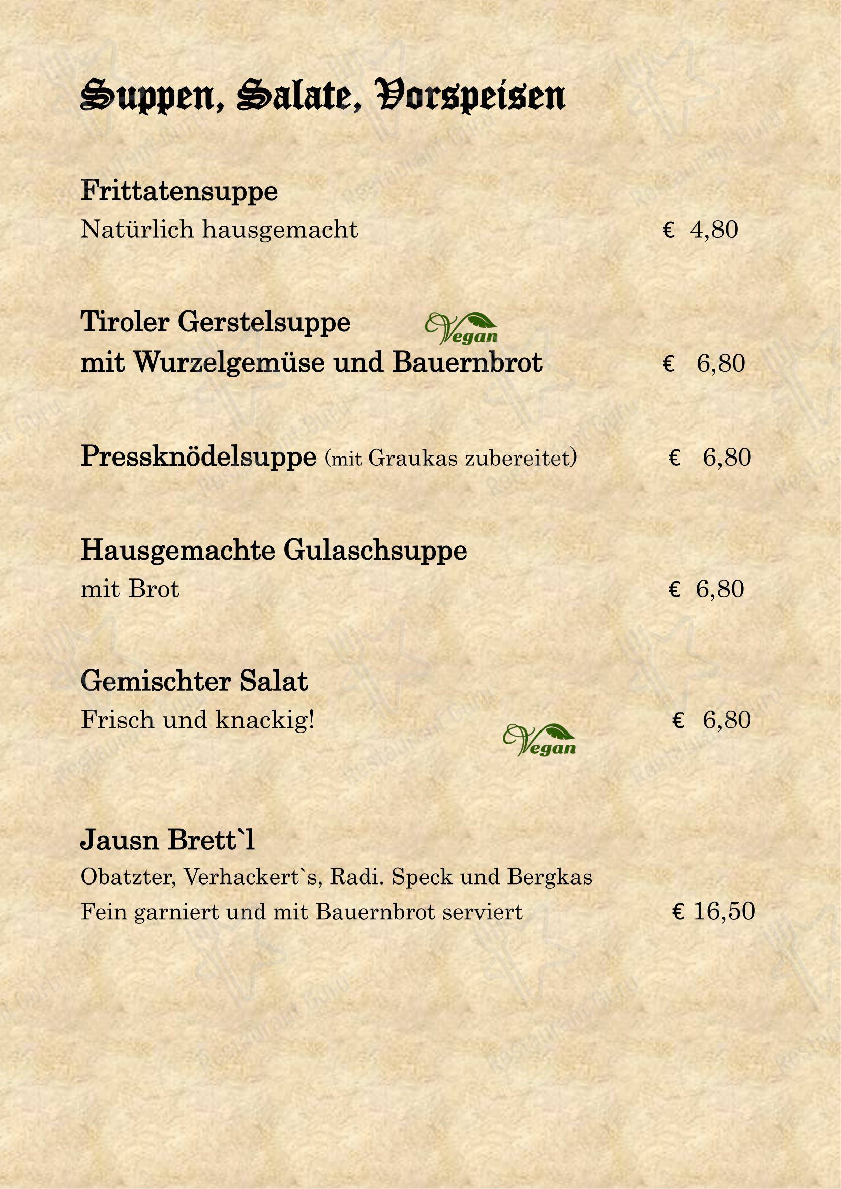 Brauhaus в Раттенберге - Основное меню