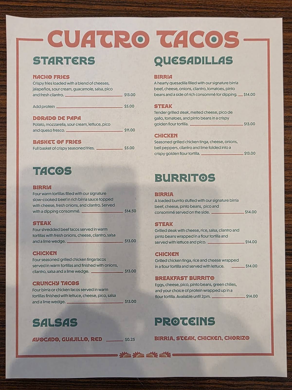 CUATRO TACOS меню