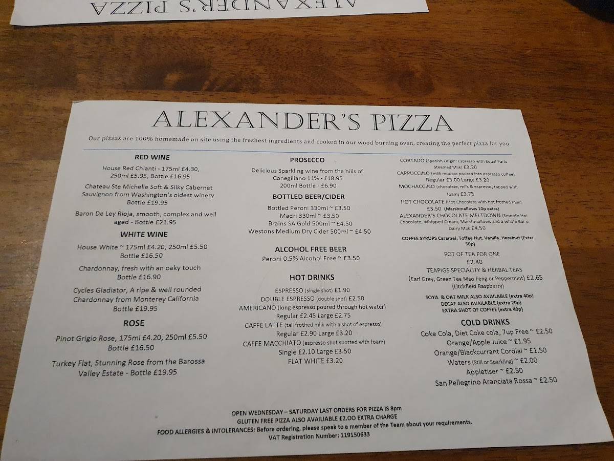 Alexander's Cafe & Pizza House меню