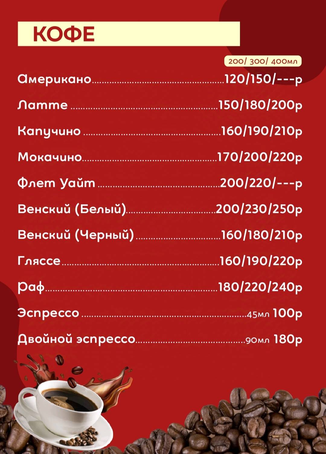 Кофейня меню