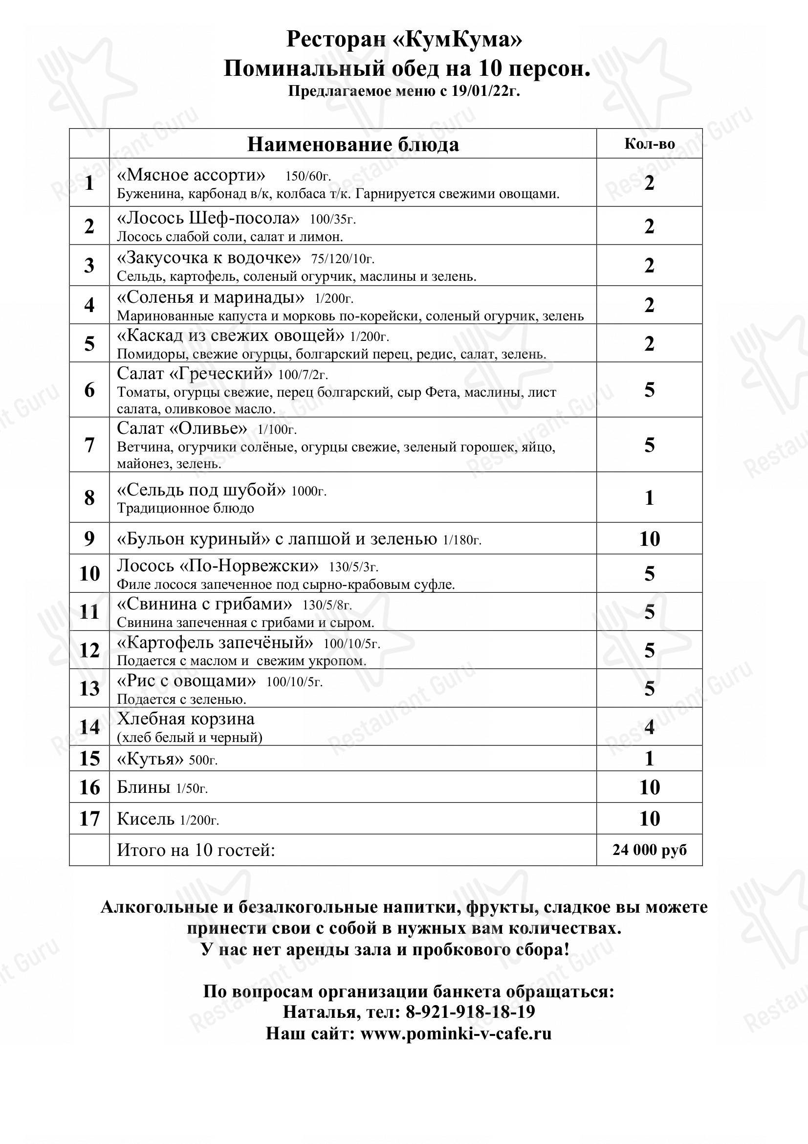 Меню для посетителей кафе Поминальная трапеза