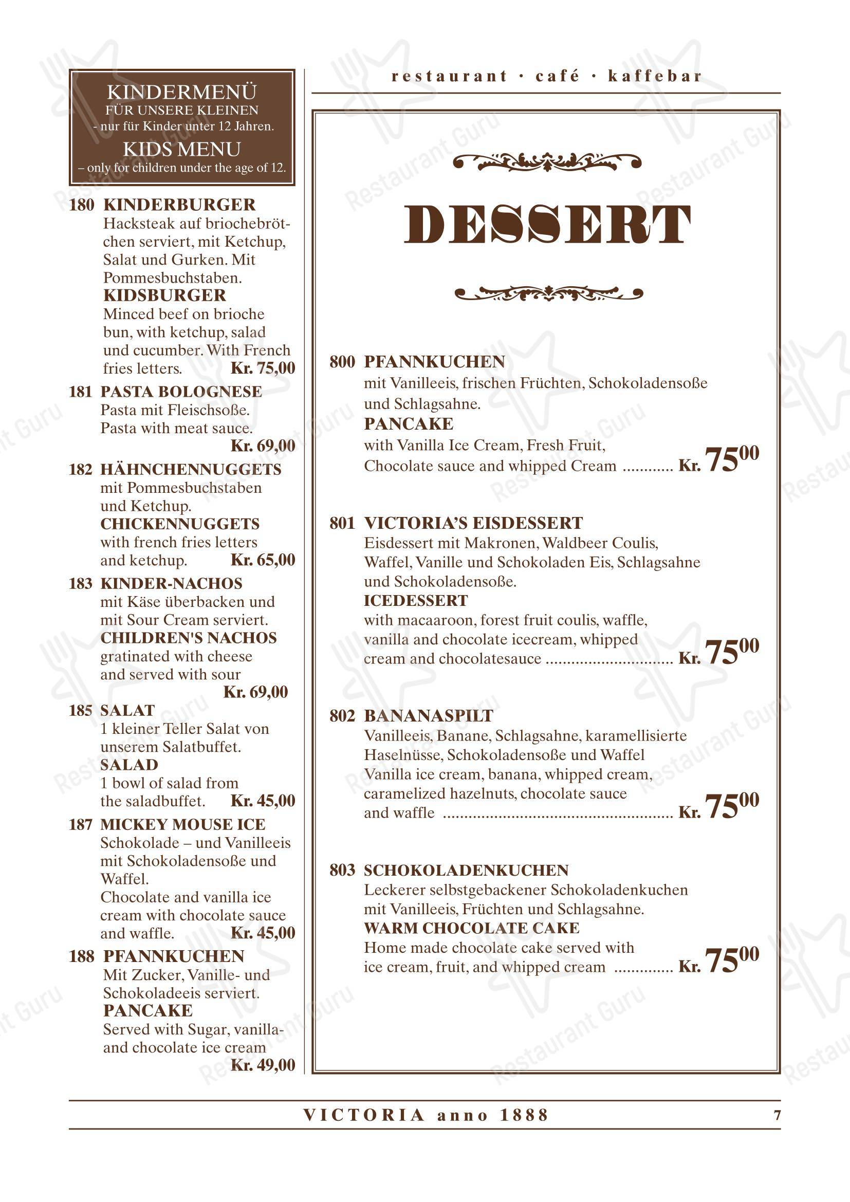 Café Victoria в Тёндере - Основное меню