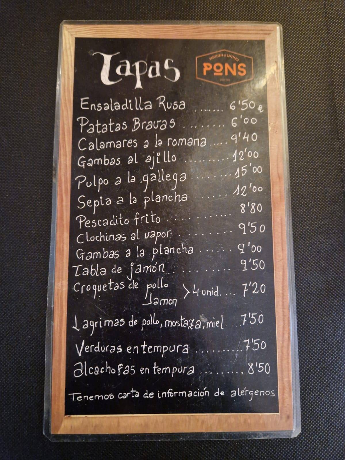 Café y Tapas PONS меню