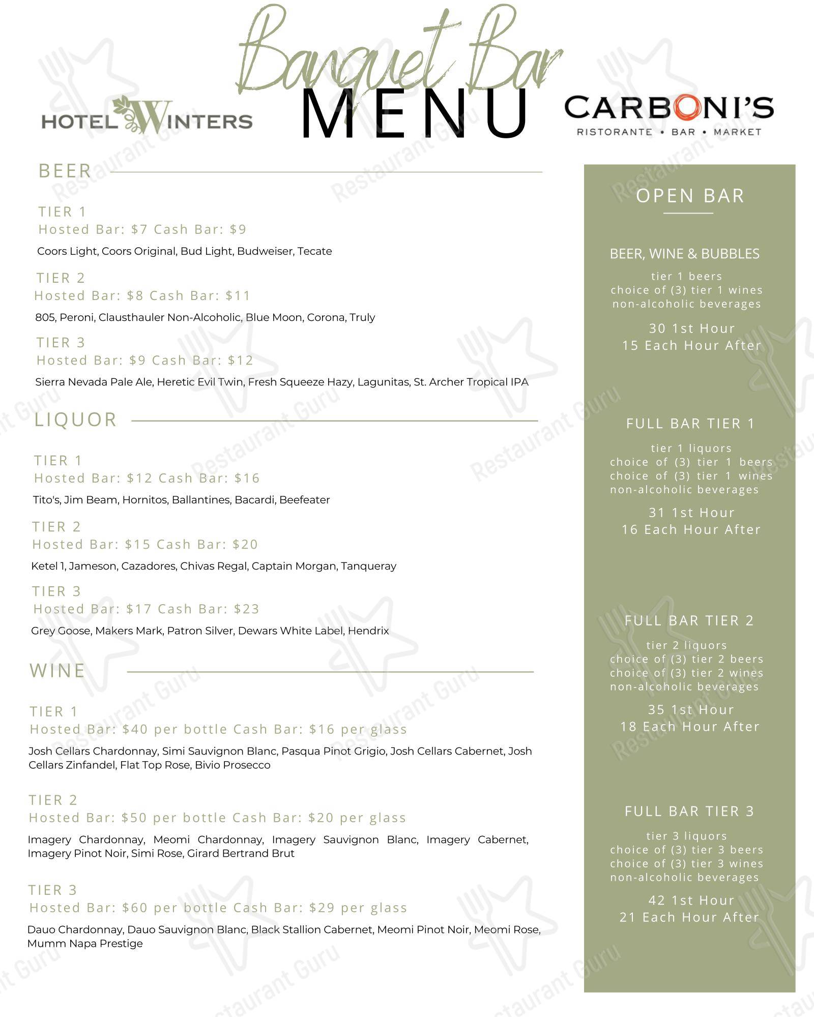 Меню паба и бара Carboni's Ristorante в Уинтерс