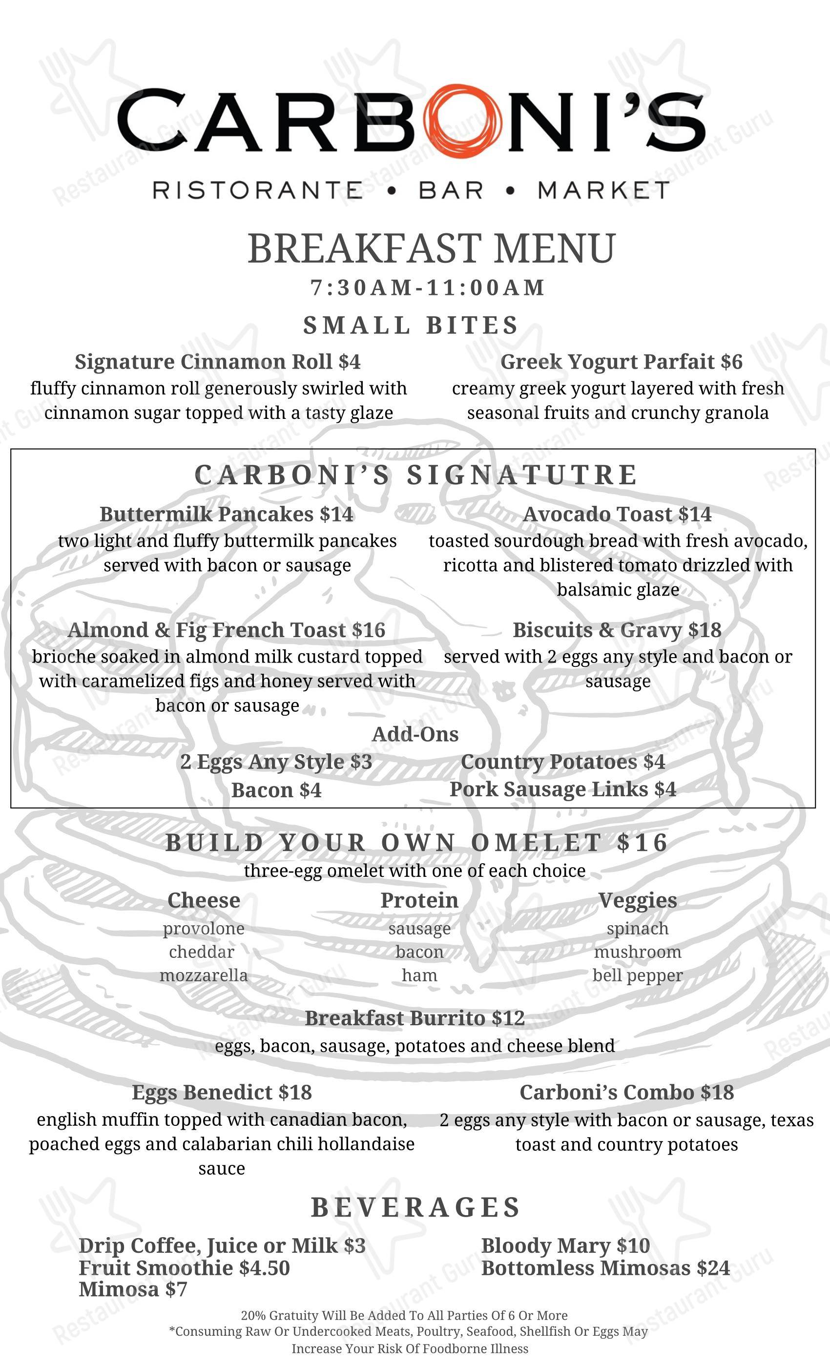 Меню паба и бара Carboni's Ristorante