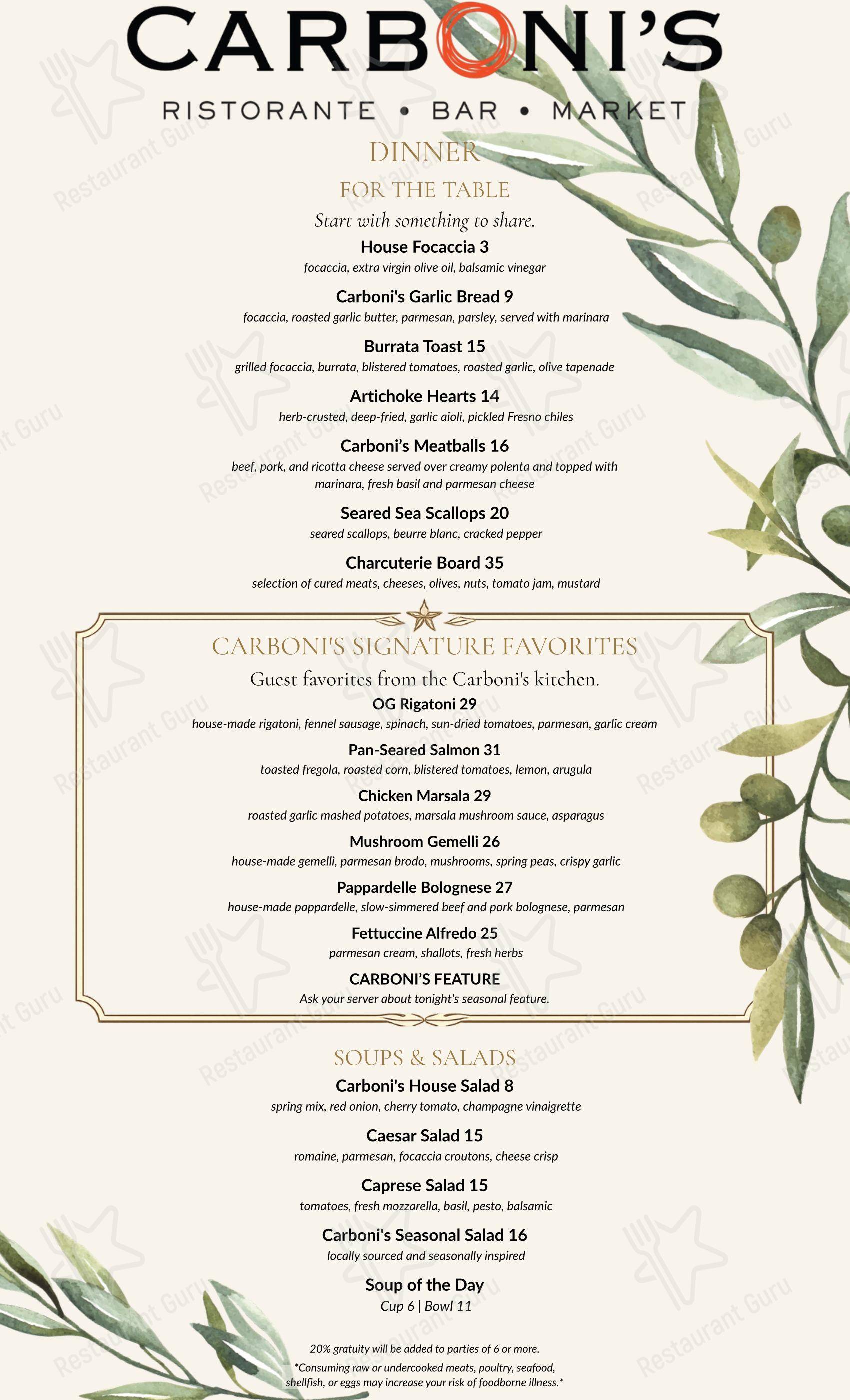 Меню паба и бара Carboni's Ristorante - Меню