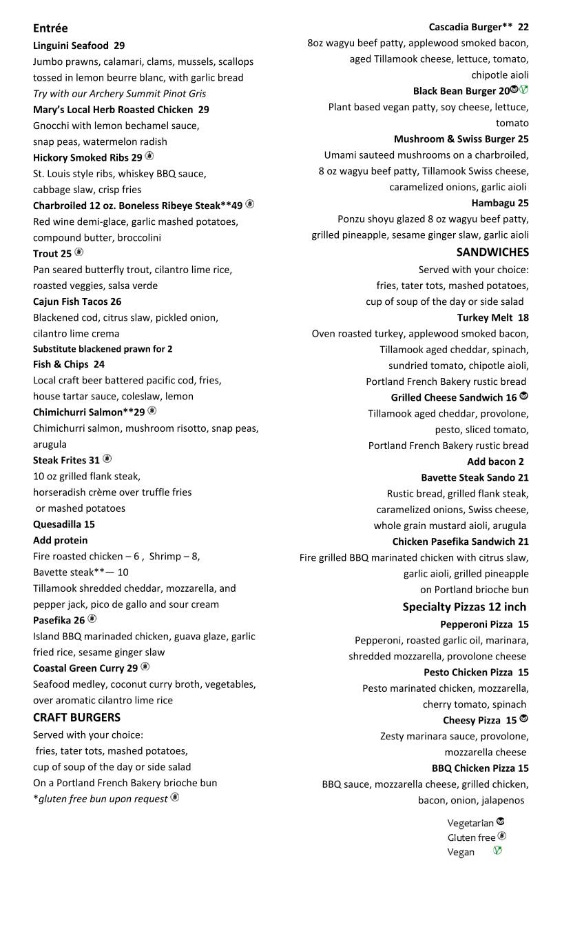 Cascadia Restaurant & Bar меню