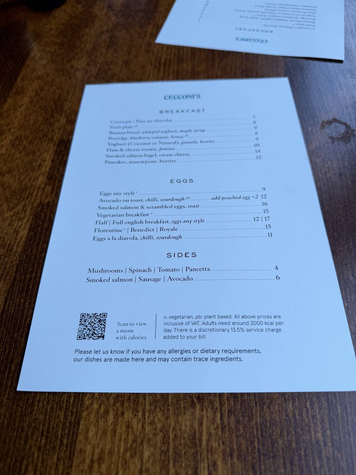 Cecconi's Shoreditch меню