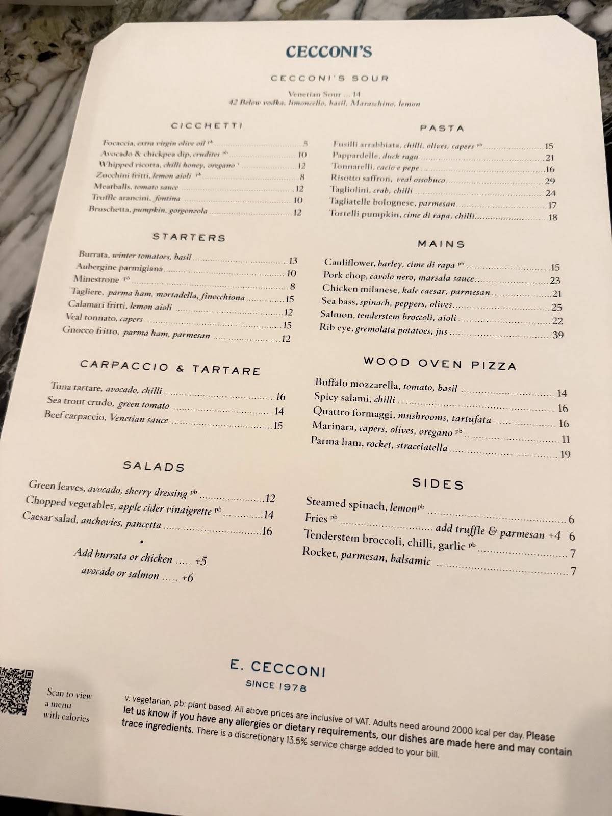 Cecconi's Shoreditch меню