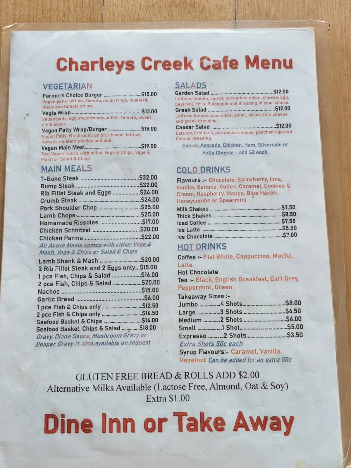Charleys Creek Cafe меню
