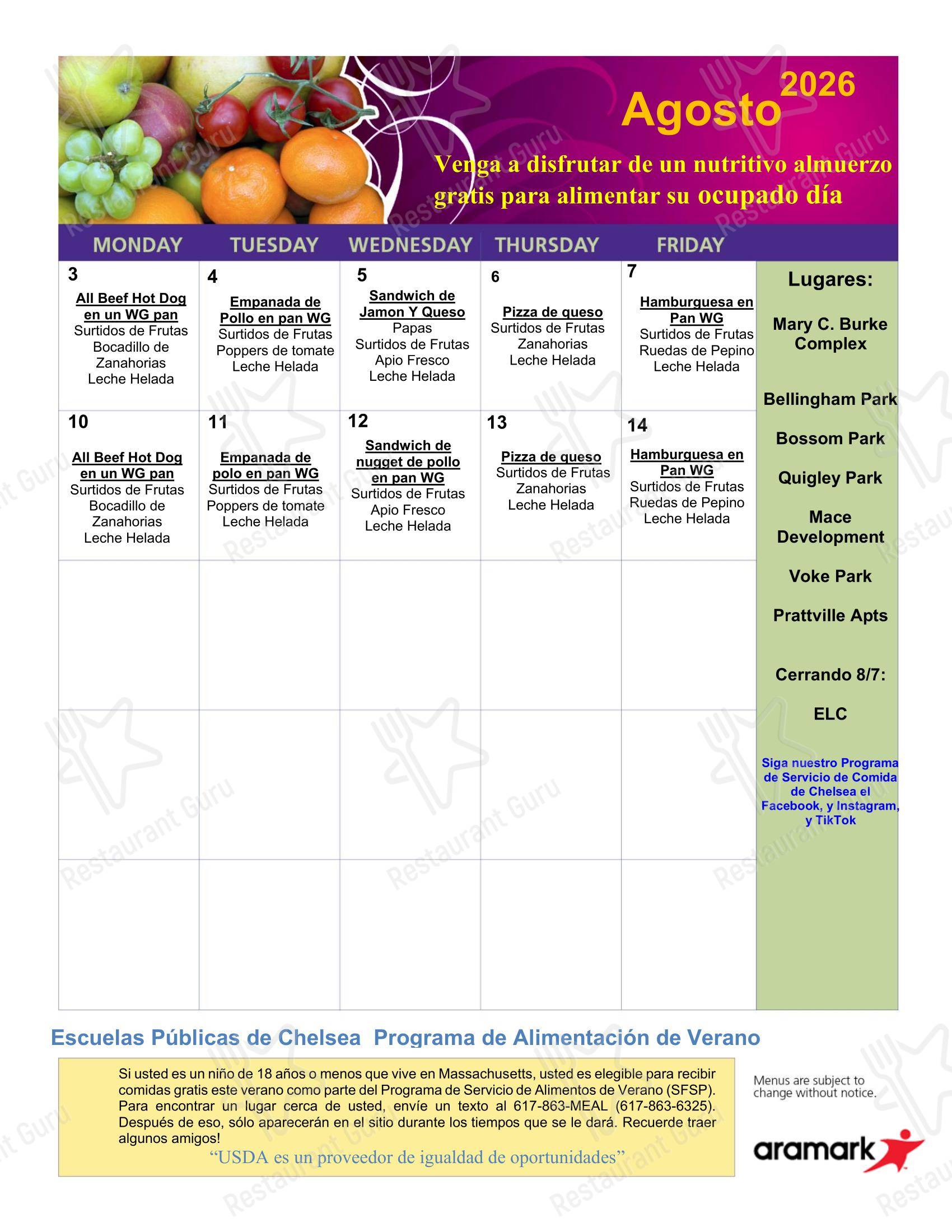 Takeaway Menu кафетерия Chelsea Public Schools Food Service Program в Челси