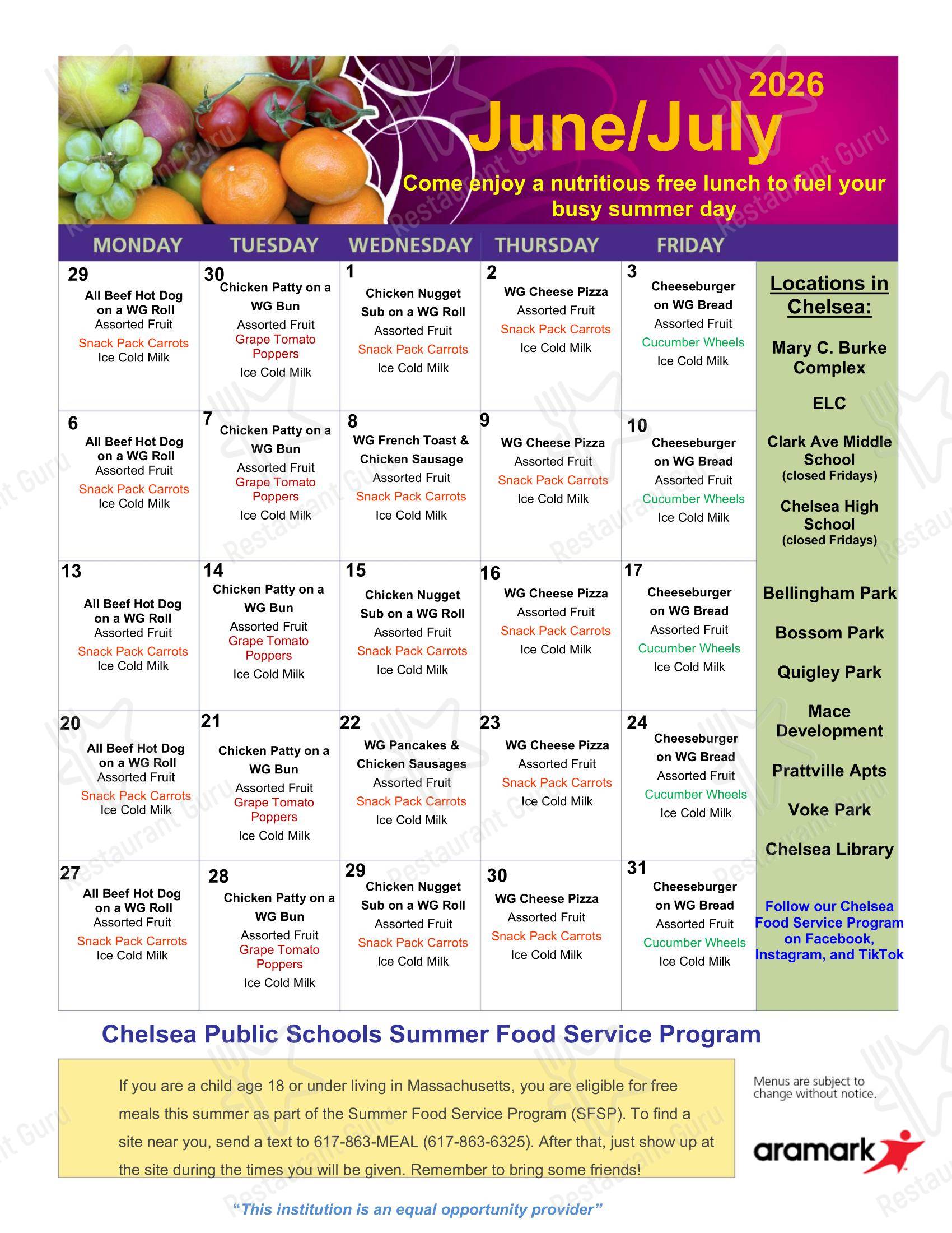 Меню Chelsea Public Schools Food Service Program - блюда и напитки