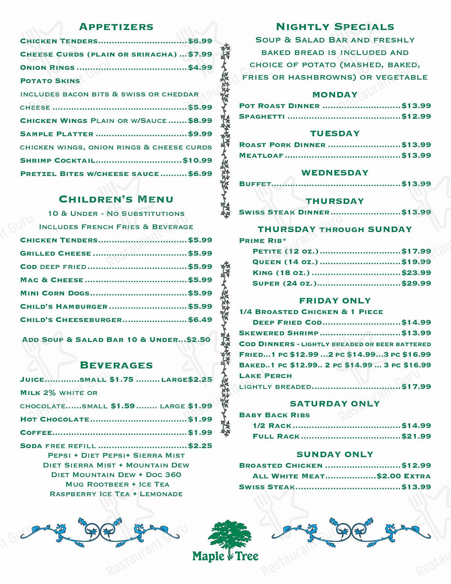 Ночное меню клуба Maple Tree Supper Club