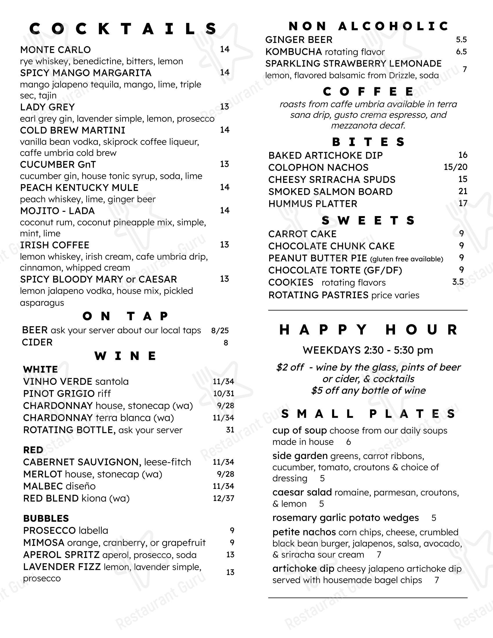 Меню ресторана Colophon Cafe - Takeaway Menu