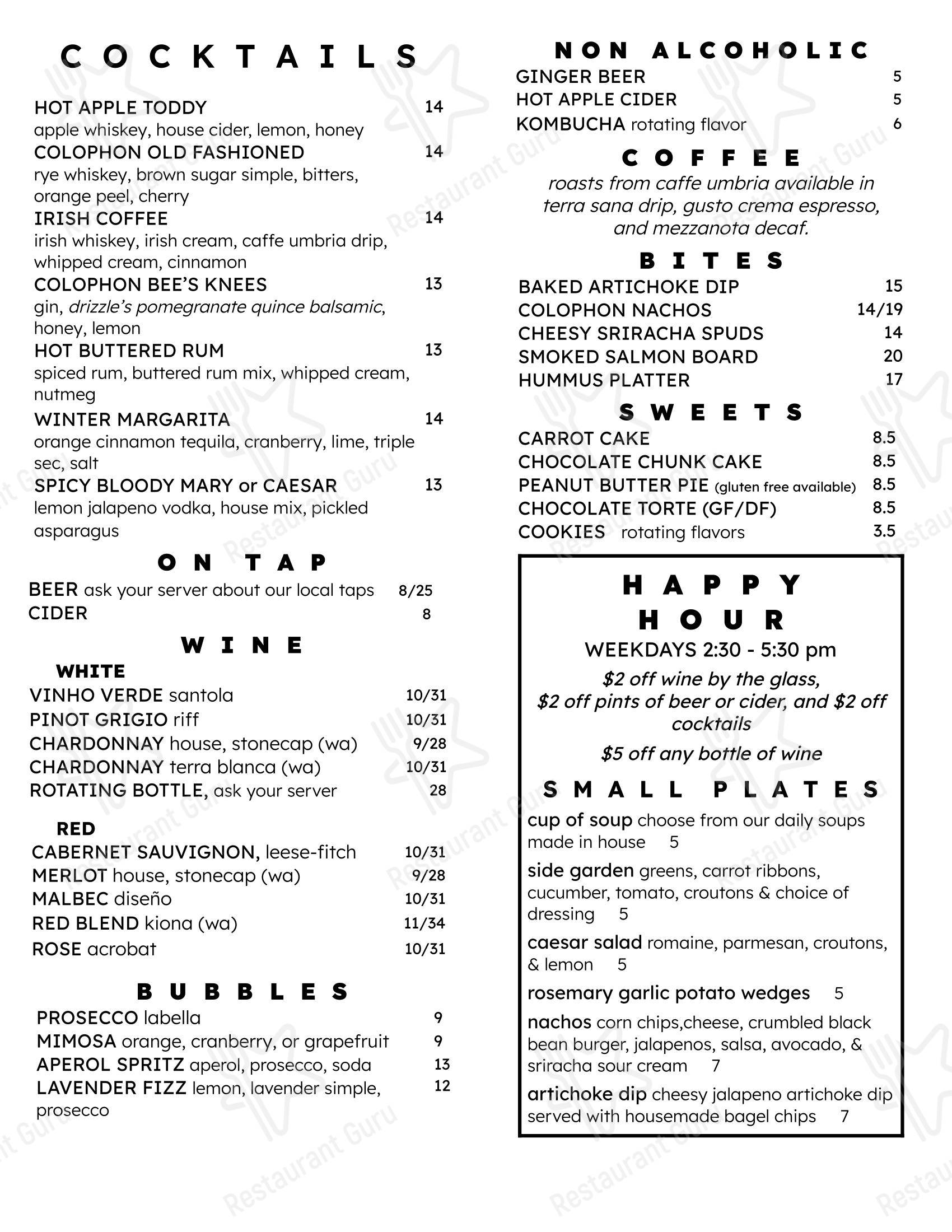 Lunch Menu ресторана Colophon Cafe