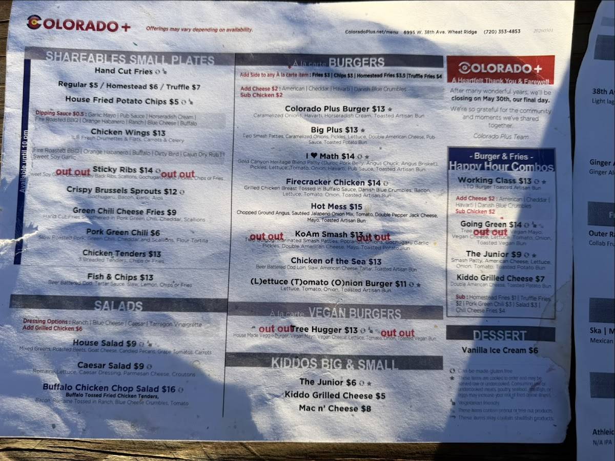 Colorado Plus Brew Pub and Taphouse меню