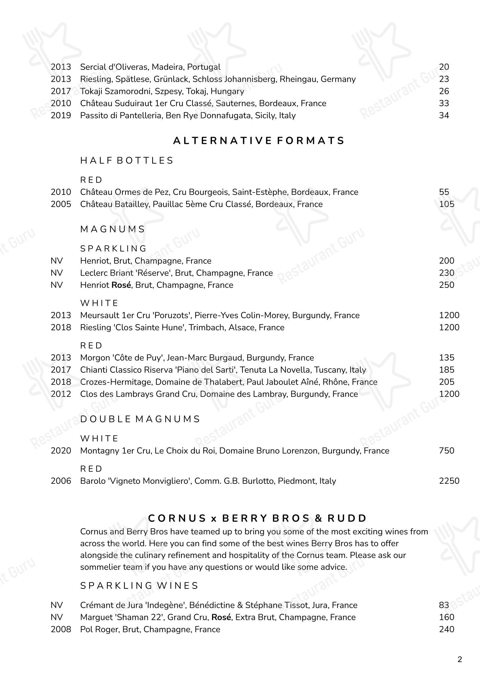 Cornus в Лондоне - Dinner Menu