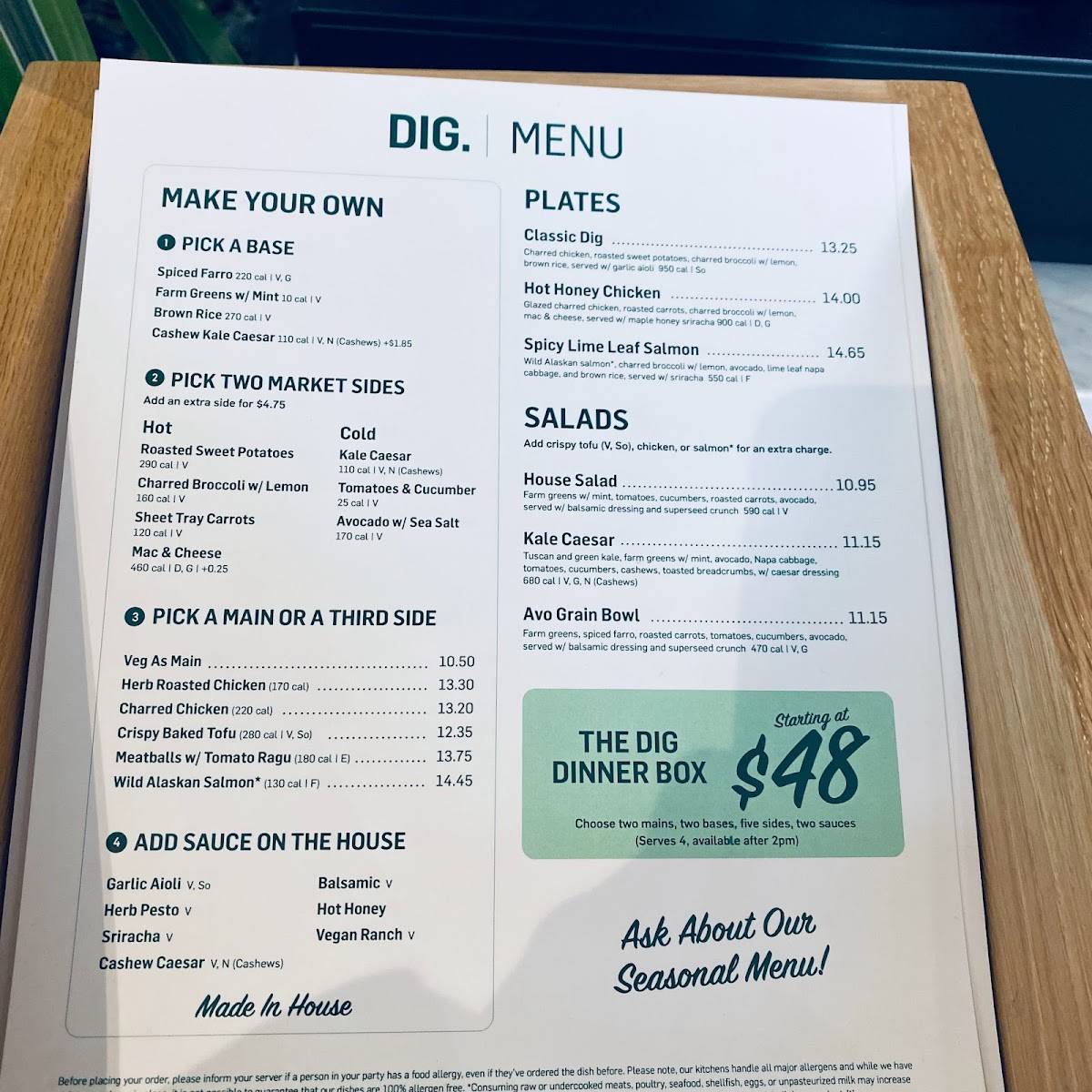 Dig Inn меню