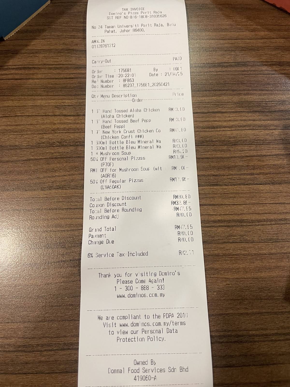 Domino's Parit Raja меню