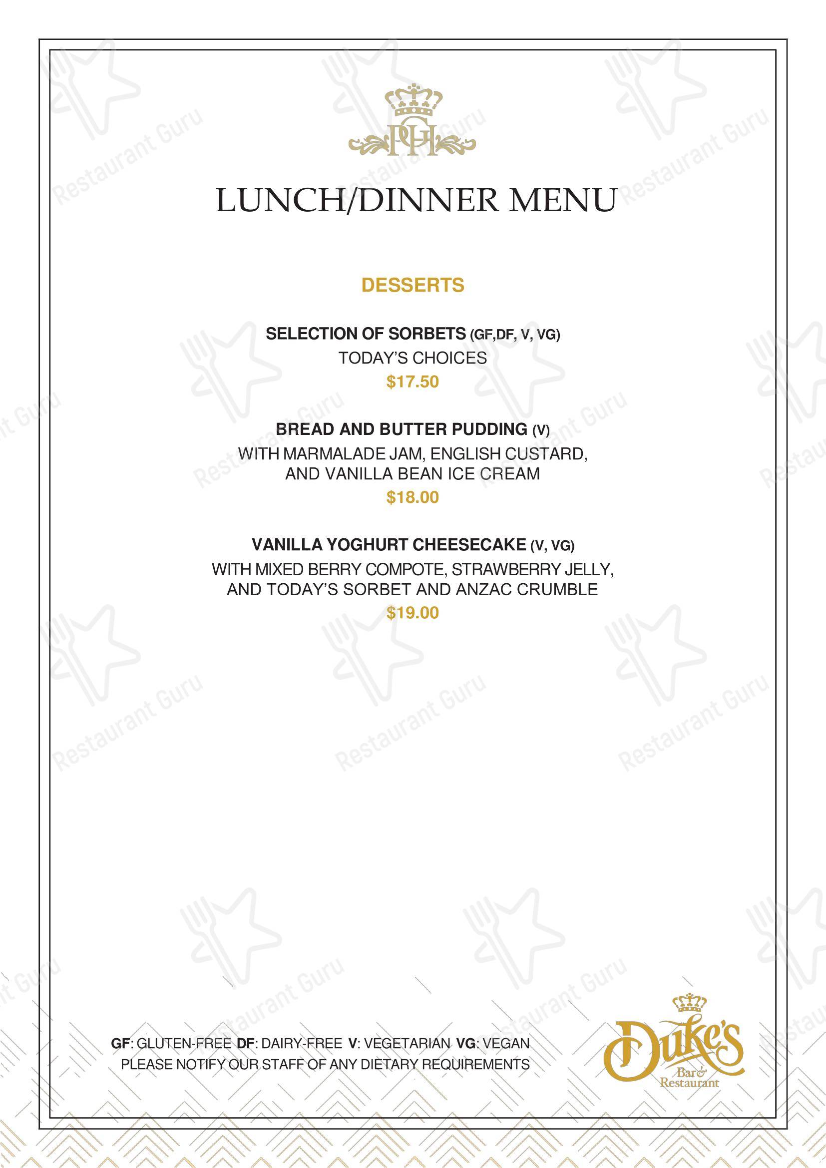 Меню напитков ресторана Duke's Restaurant & Bar