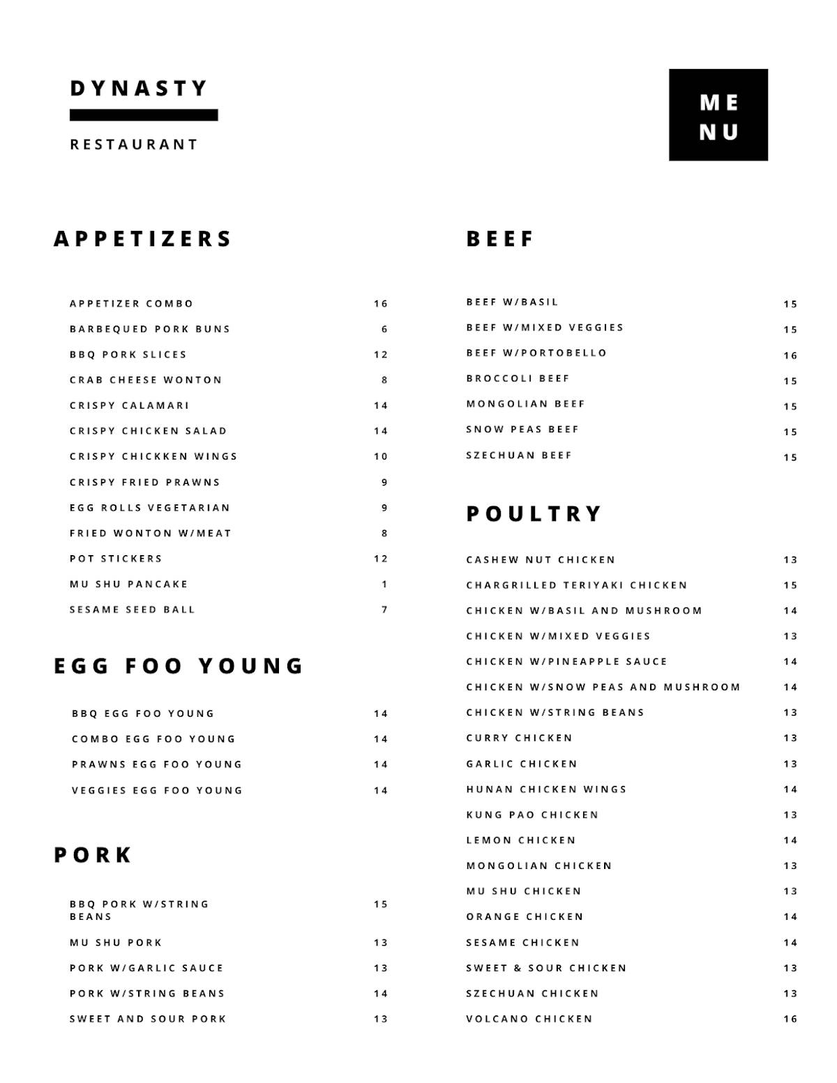 Dynasty Restaurant меню