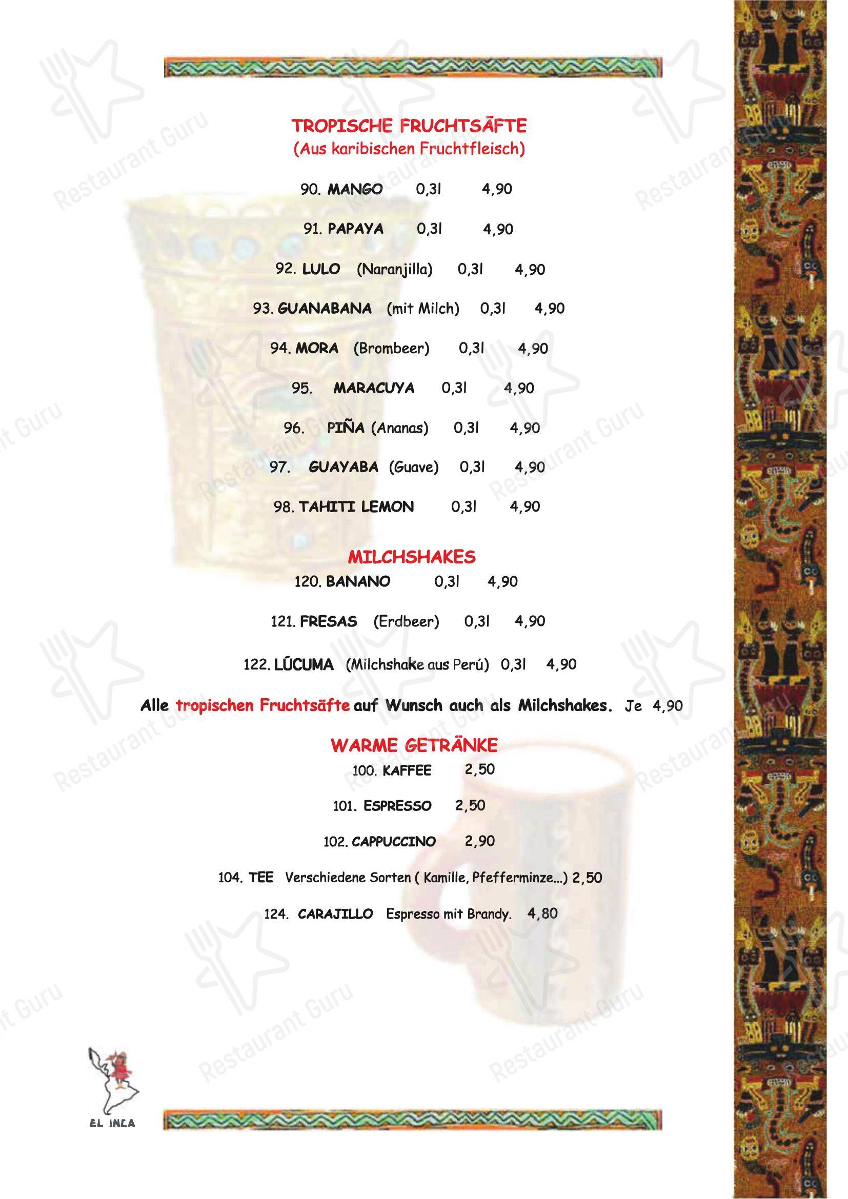Меню ресторана El Inca Restaurant - Меню напитков