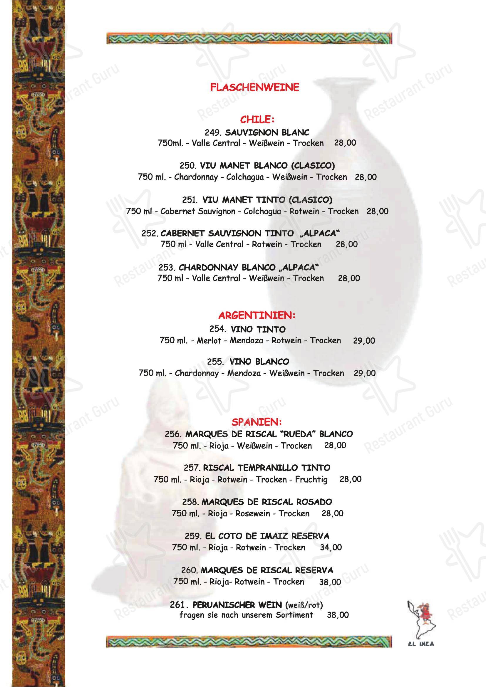 Меню ресторана El Inca Restaurant - Меню напитков