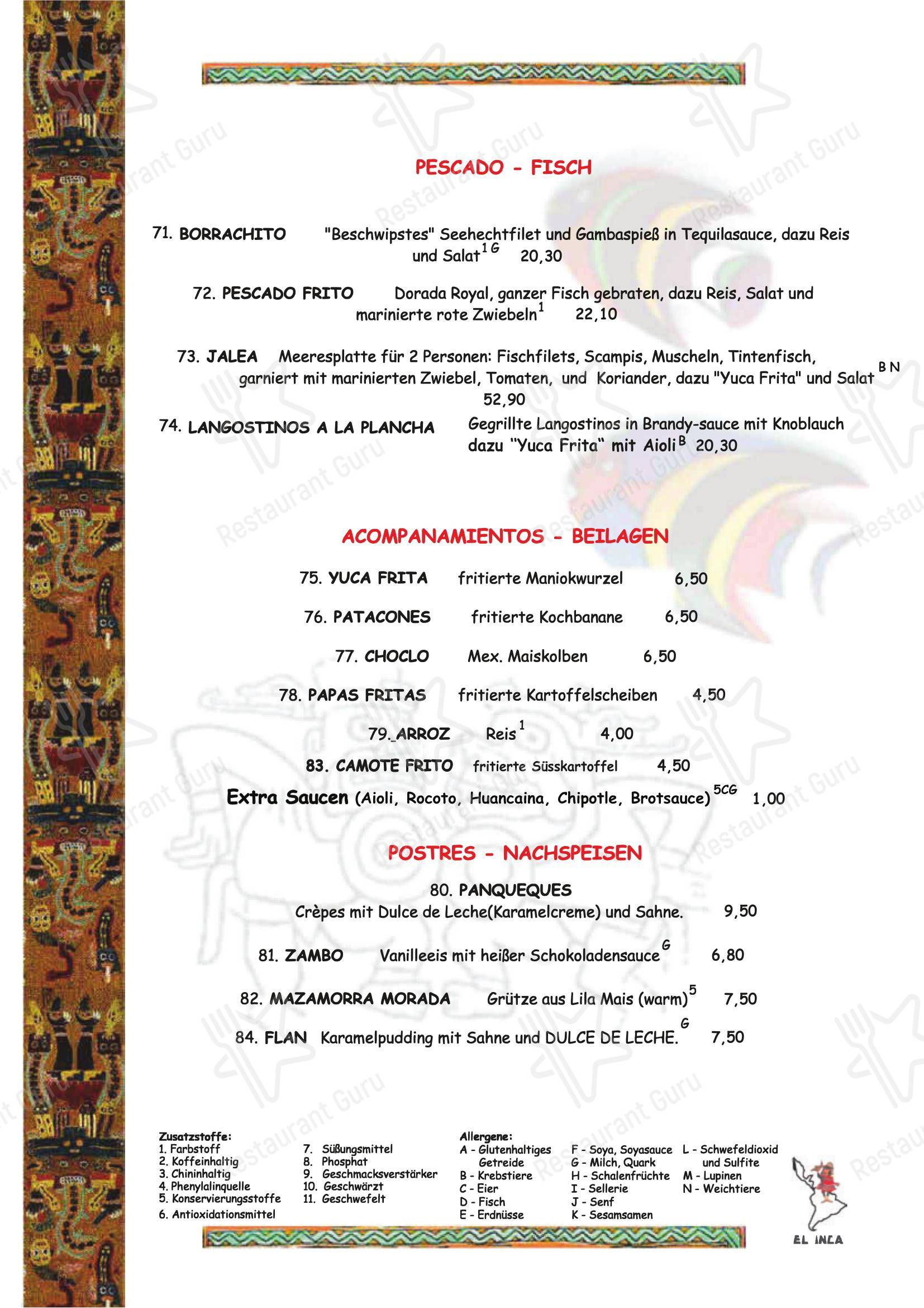 Меню ресторана El Inca Restaurant - Меню напитков